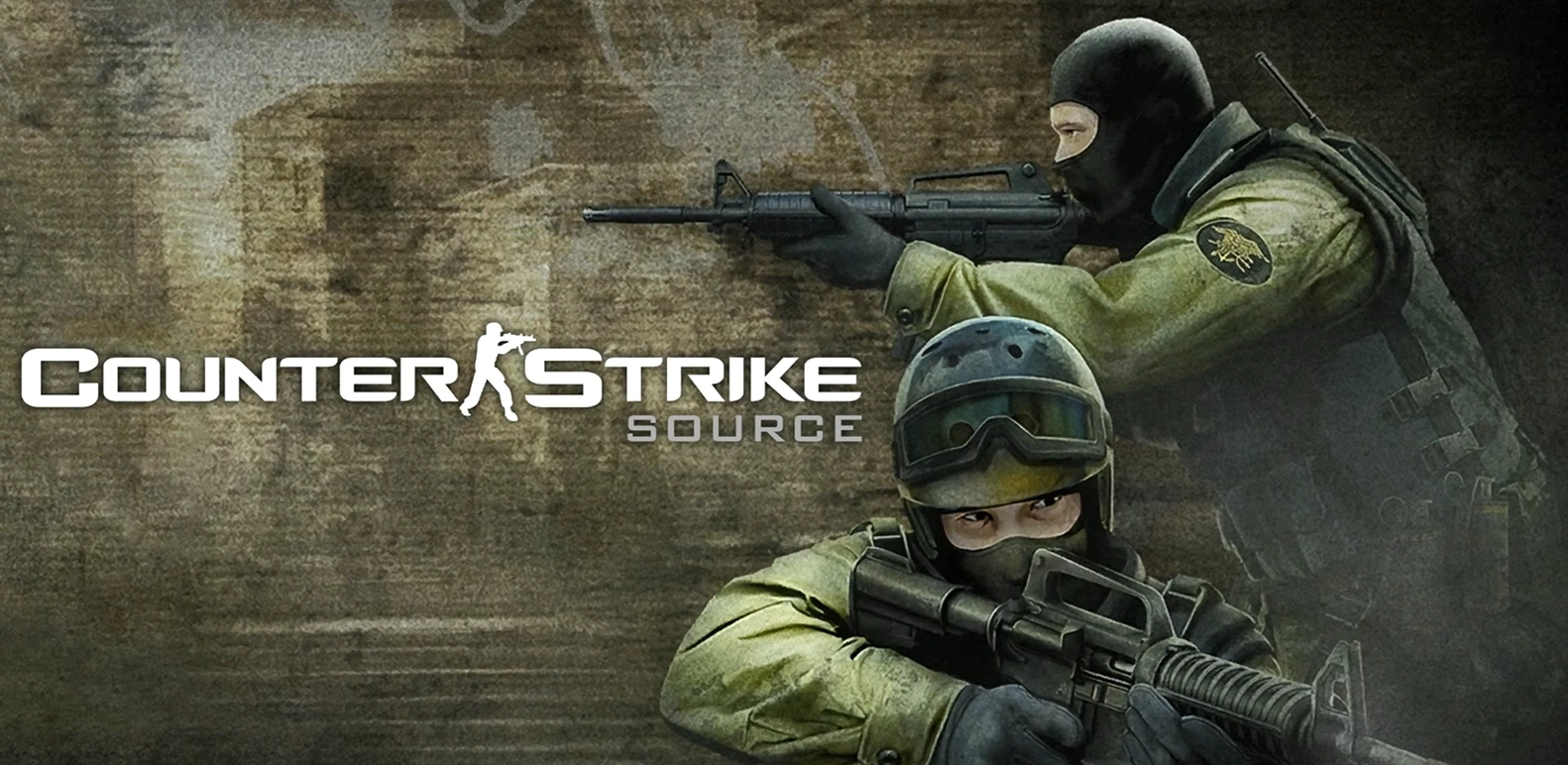 Gewapende Counter-Strike Source soldaten in tactische uitrusting met geweren op een ruwe militaire achtergrond.