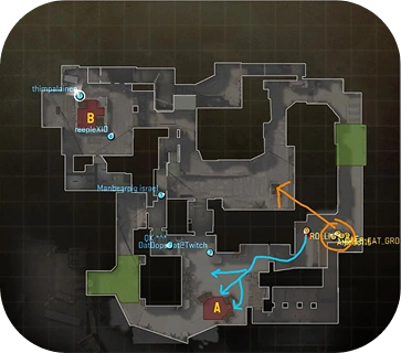 Tactische kaart van een Counter-Strike map met posities, routes en strategie-aanduidingen.