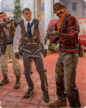 Groep Counter-Strike personages uit een terroristenteam die samen staan met wapens.