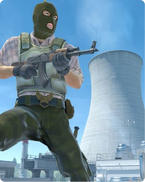 Gemaskerde terrorist met een AK-47 geweer in een industriële omgeving in Counter-Strike stijl.